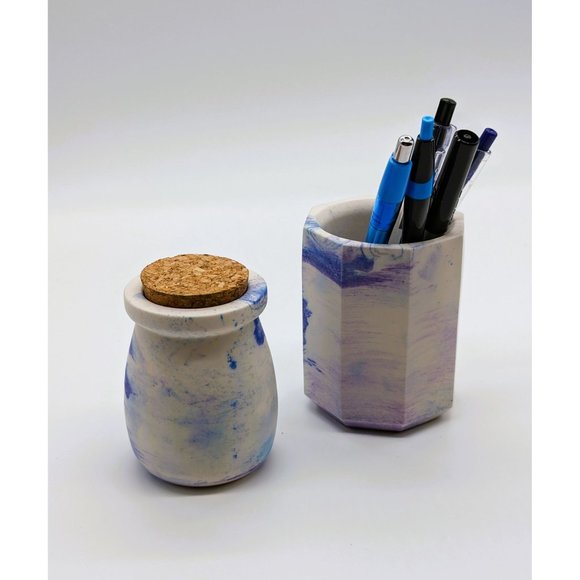 Pencil or Makeup Jar and Mushroom Trinket Jar Blue Handmade - Picture 1 of 10